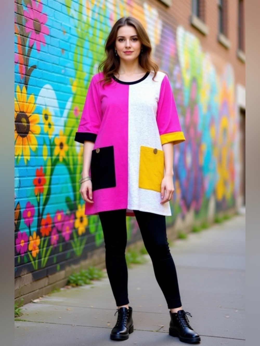 D DESIGN Lagenlook Art to Wear A-Line Tunic Top in Pink, Yellow, Gray & Black M